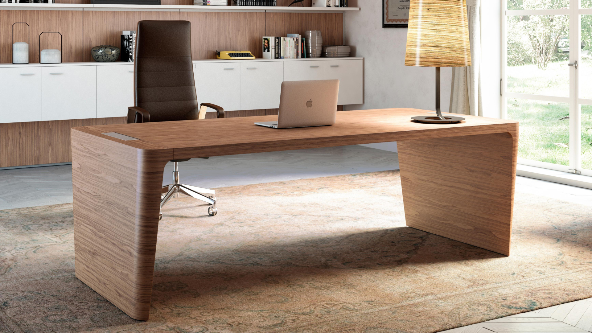 Quadrifoglio X10 Wood Veneer Desk with Leather Inlay | Hunts Office